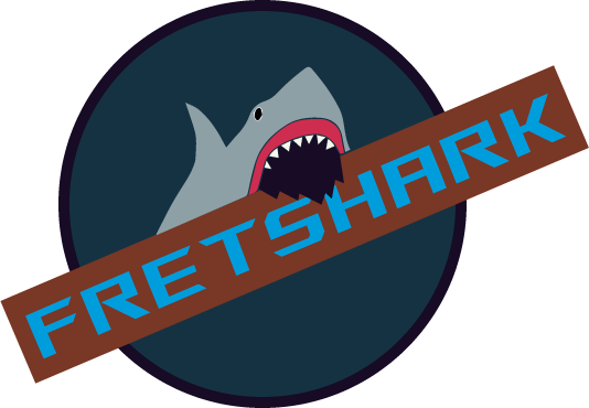 FretShark logo. A shark biting a fretboard with the work FretShark across it.