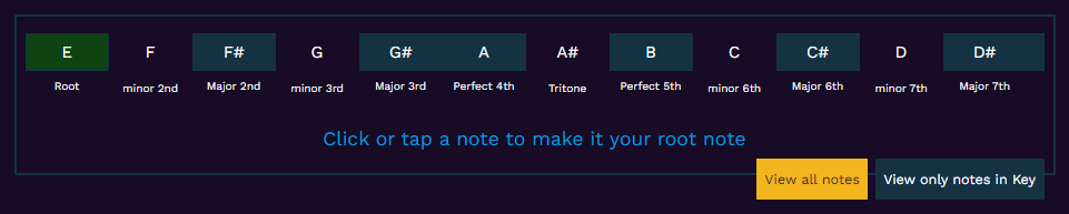 Screenshot of the key notes feature which allows the user to select the root note of the current mode.