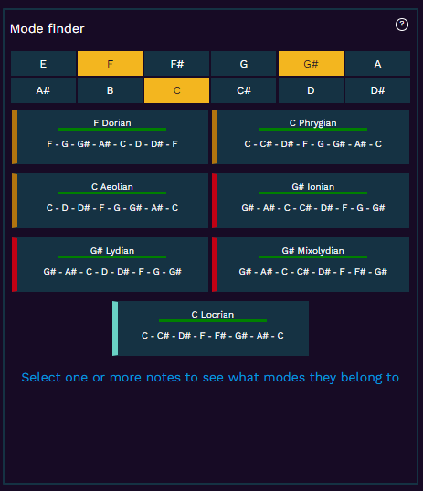 Screenshot of the mode finder feature which lets the user select notes and the mode finder will show potential mode matches for that group of notes.